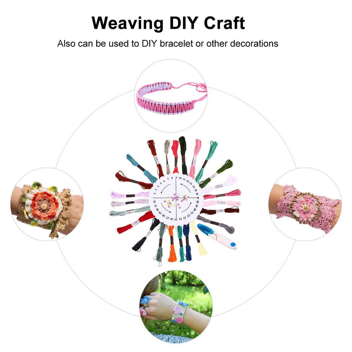Embroidery Craft - DIYの手芸に使える、24色の刺繍糸付きの丸型織り機と、友情ブレスレット作りキット。
