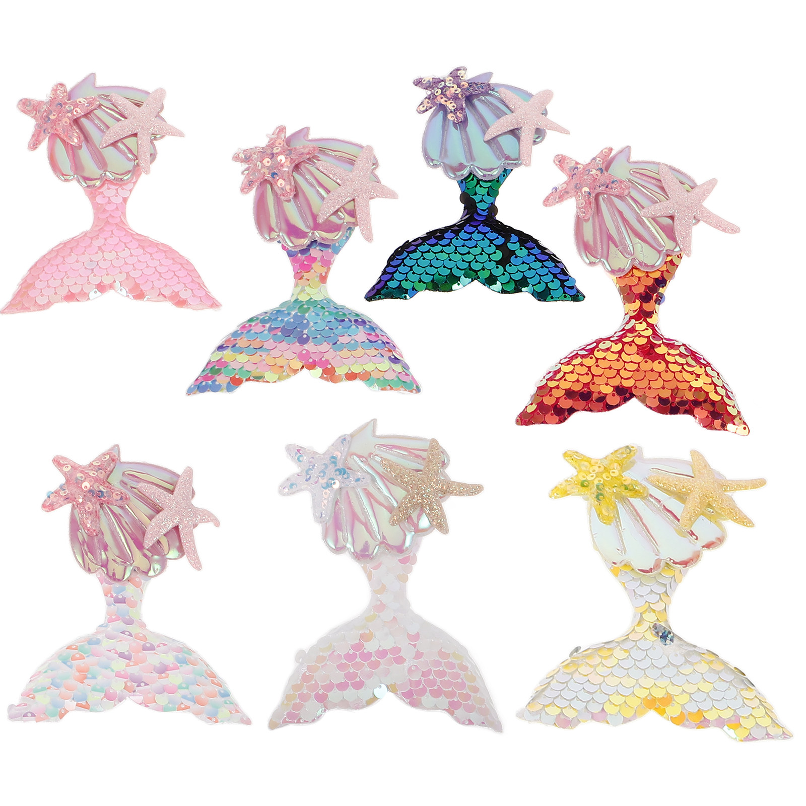 Embellishment Crafts - 7個入り、人魚柄の布製パッチ。衣類、ヘアクリップ、バックパック、DIYクラフト、アップリケ、装飾に。かわいい星や貝殻のデザイン。