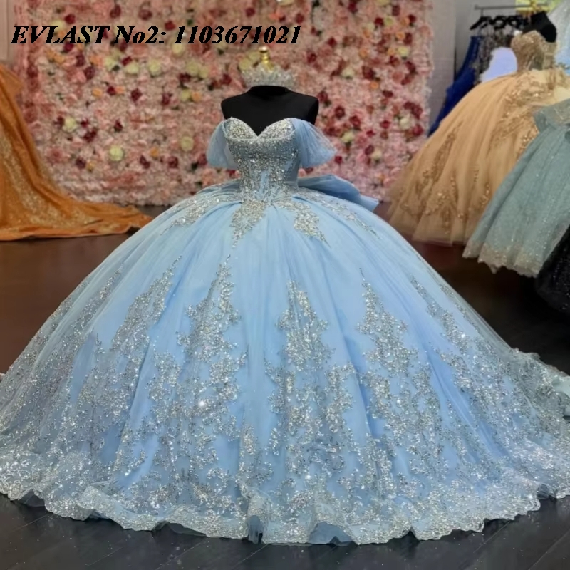 Tassel Fringe Trim - EVLAST カスタマイズされたプリンセススカイブルー キンセアニェラドレス ボールガウン シルバーレースアップリケ ビーズ装飾