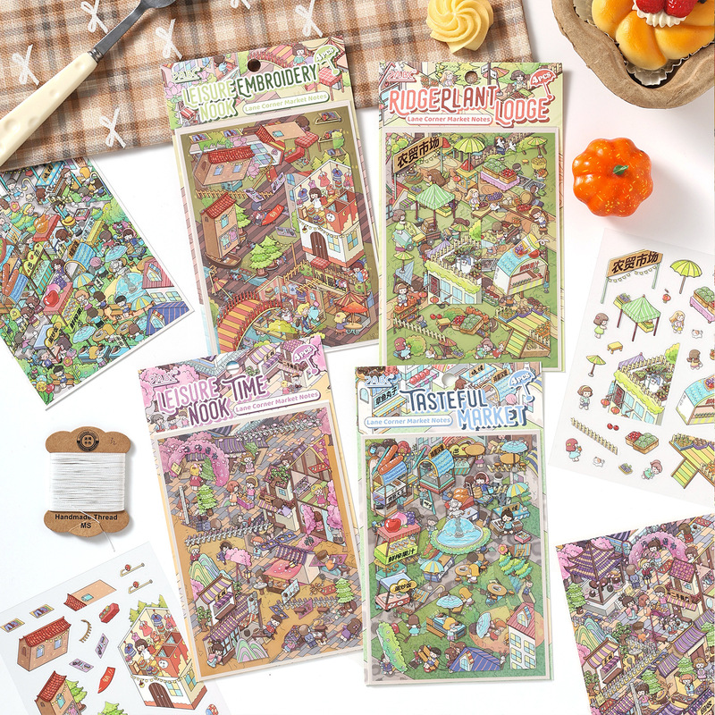 Embellishments For Scrapbooking - 4枚入り、漫画をテーマにした3Dジオラマステッカー。スクラップブッキングや手芸の装飾に使える、立体的なシーンを表現したデコレーションステッカー。