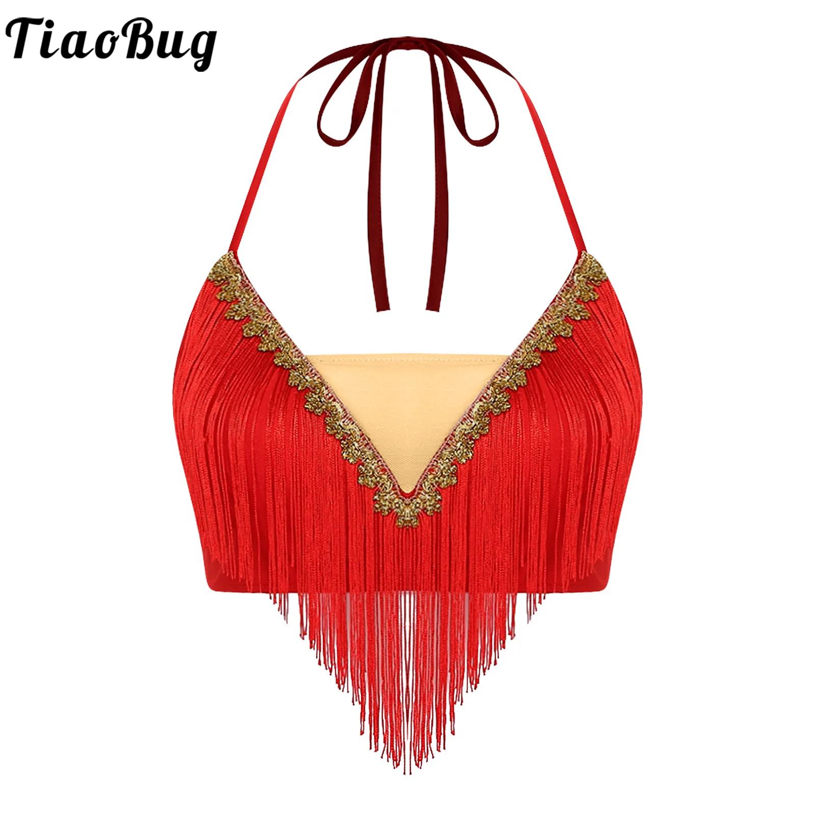 Tassel Fringe Trim - 女性用レースアップタッセルベリーダンスクロップトップベストベリーダンスホルターゴールドトリムフリンジキャミソールダンススリングトップステージパフォーマンス用