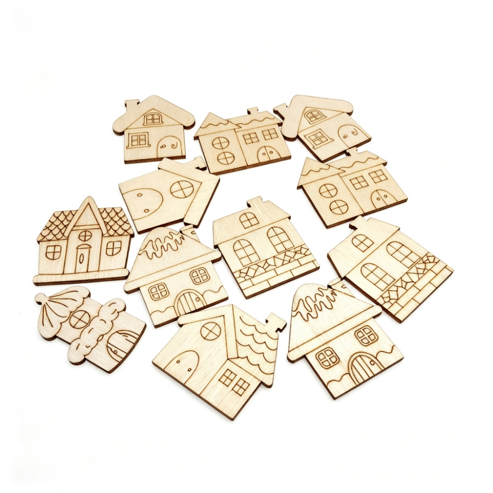 40mm、80mmのクリスマス用木製オーナメント。未塗装の家 - Christmas Craft Embellishment のレビューと価格
