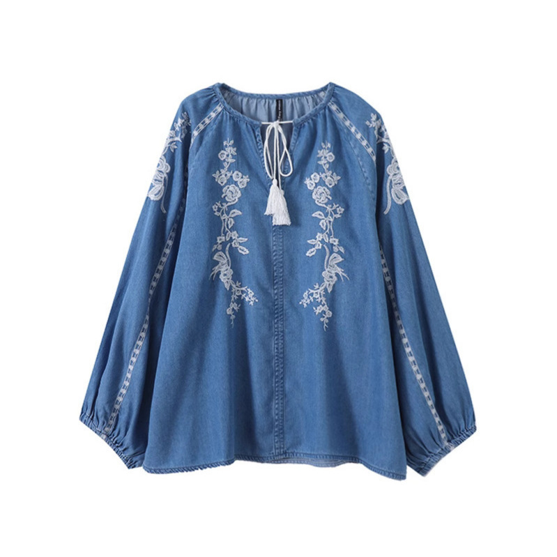 女性デニムブラウストップ花刺繍ランタンスリーブラウンドカラー - Tassel Fringe Trim のレビューと価格