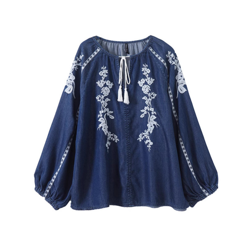 女性デニムブラウストップ花刺繍ランタンスリーブラウンドカラー - Tassel Fringe Trim のレビューと価格