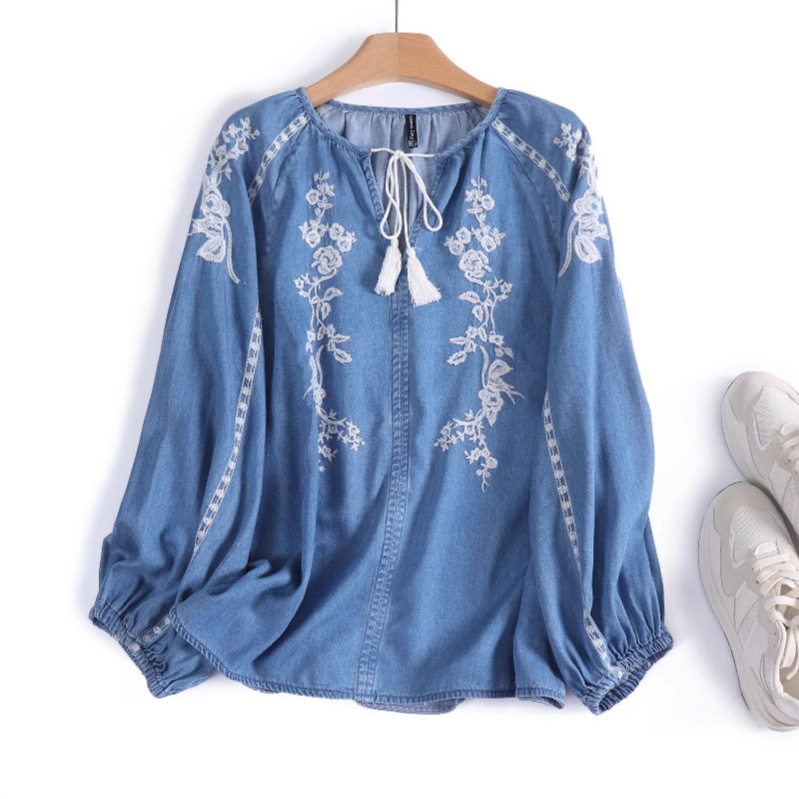 女性デニムブラウストップ花刺繍ランタンスリーブラウンドカラー - Tassel Fringe Trim のレビューと価格