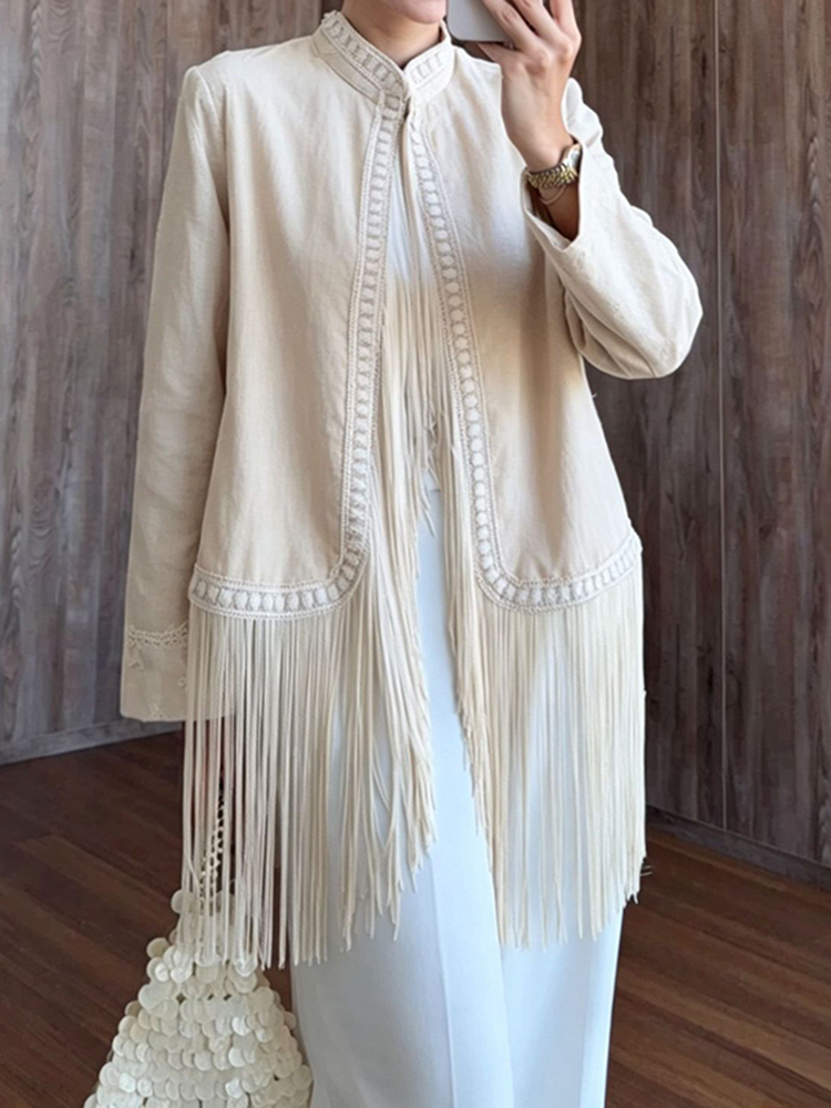 刺繍トリム、スタンドカラー、長袖トップス、カーディガン、フリ - Tassel Fringe Trim のレビューと価格