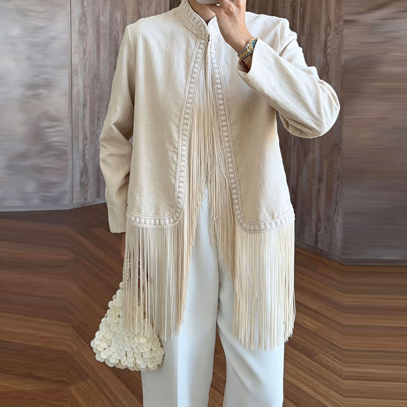 刺繍トリム、スタンドカラー、長袖トップス、カーディガン、フリ - Tassel Fringe Trim のレビューと価格