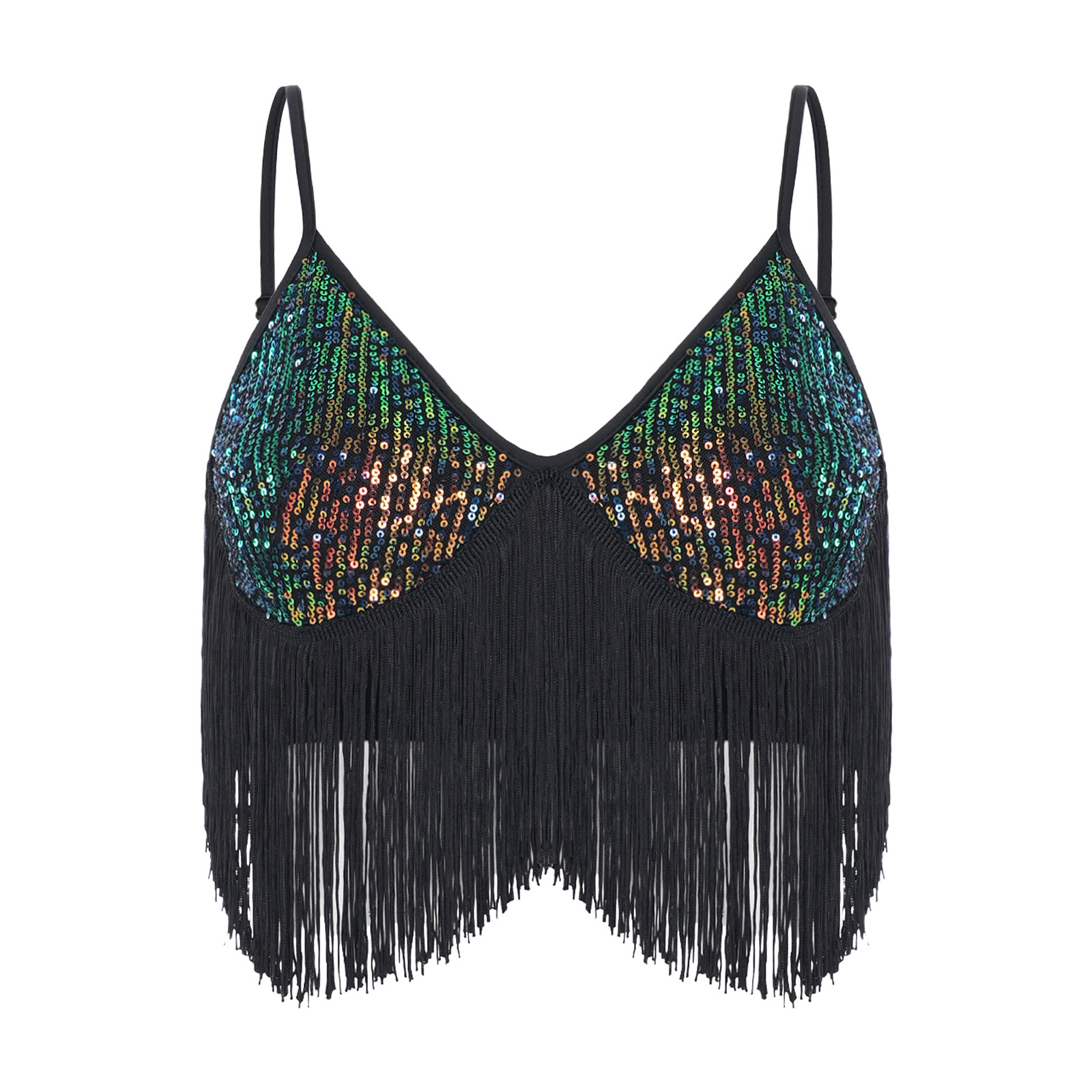 女性用ラテンダンスグリッタースパンコールクロップトップ Vネ - Tassel Fringe Trim のレビューと価格
